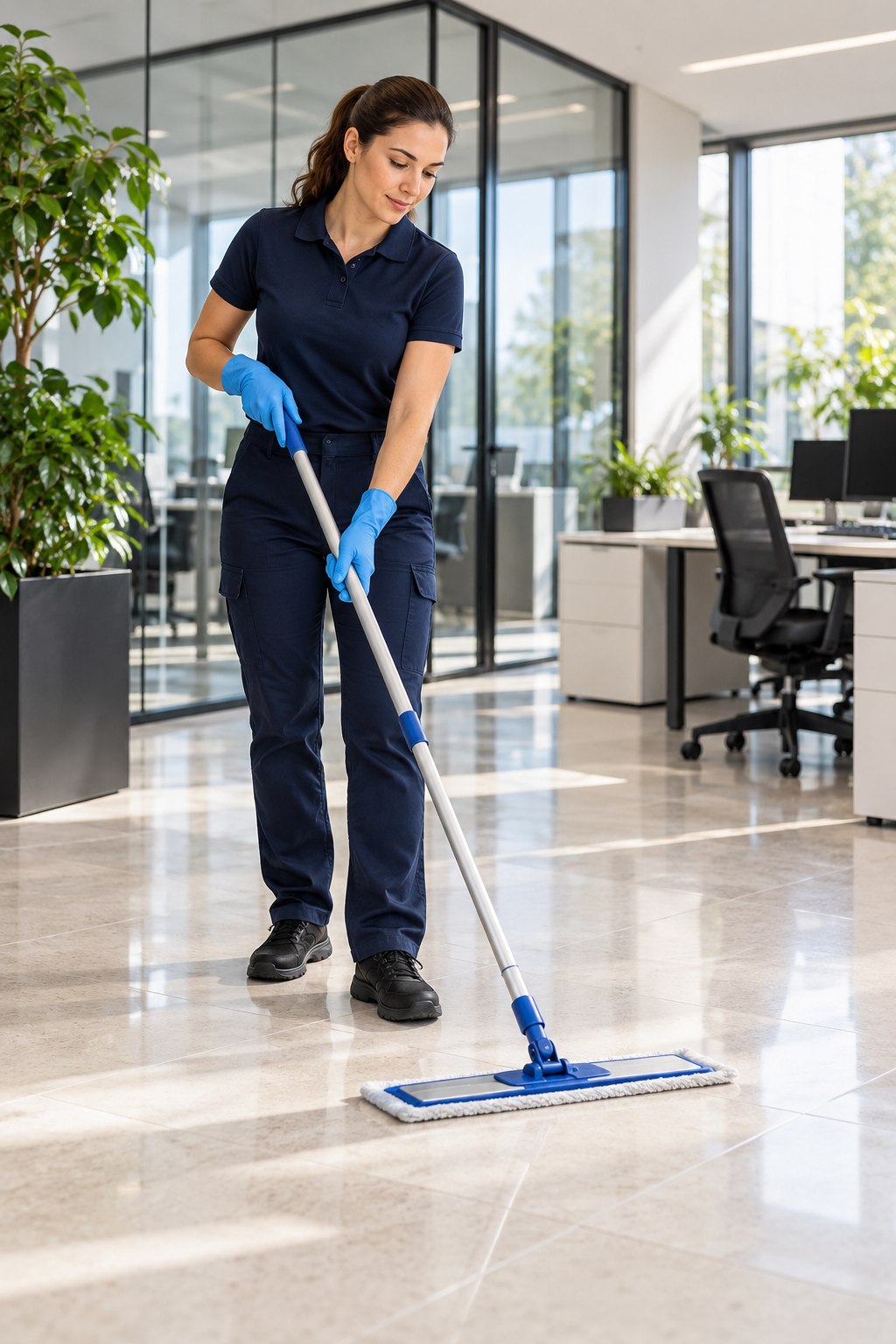 Illustration einer professionellen Reinigung in einem hellen Büro